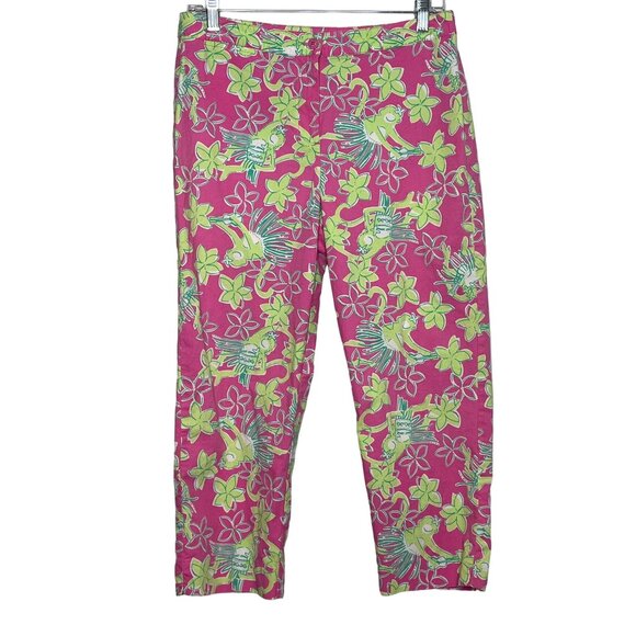 Lilly Pulitzer Pants Womens Petites 10P Cropped Pink Green Floral Hula Monkey - Picture 1 of 12